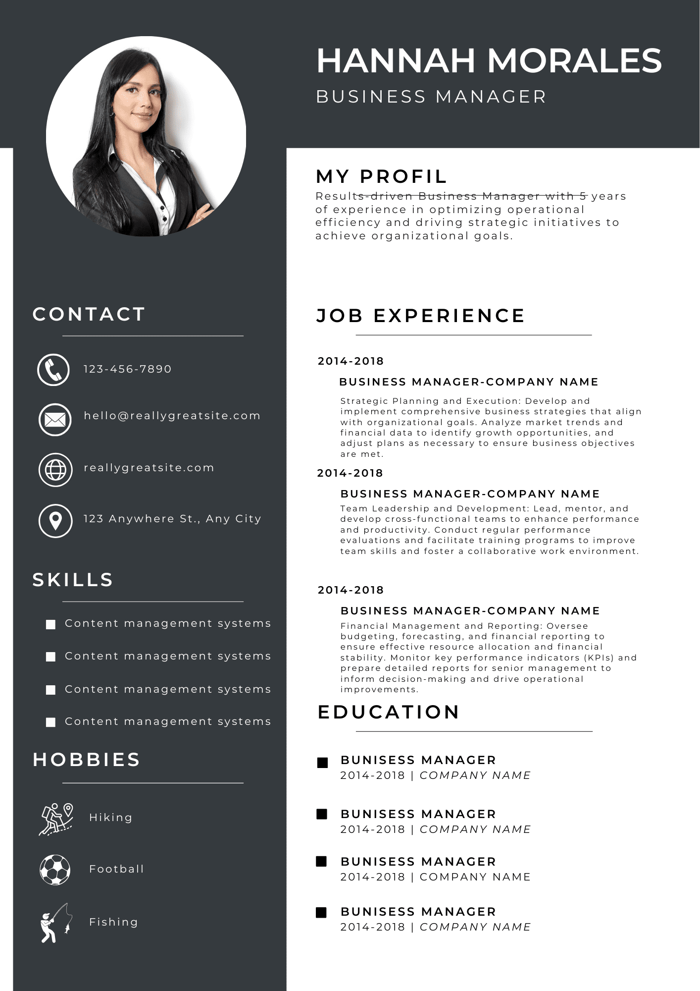 Black White Simple Business Manager Resume.pdf Black White CV Template