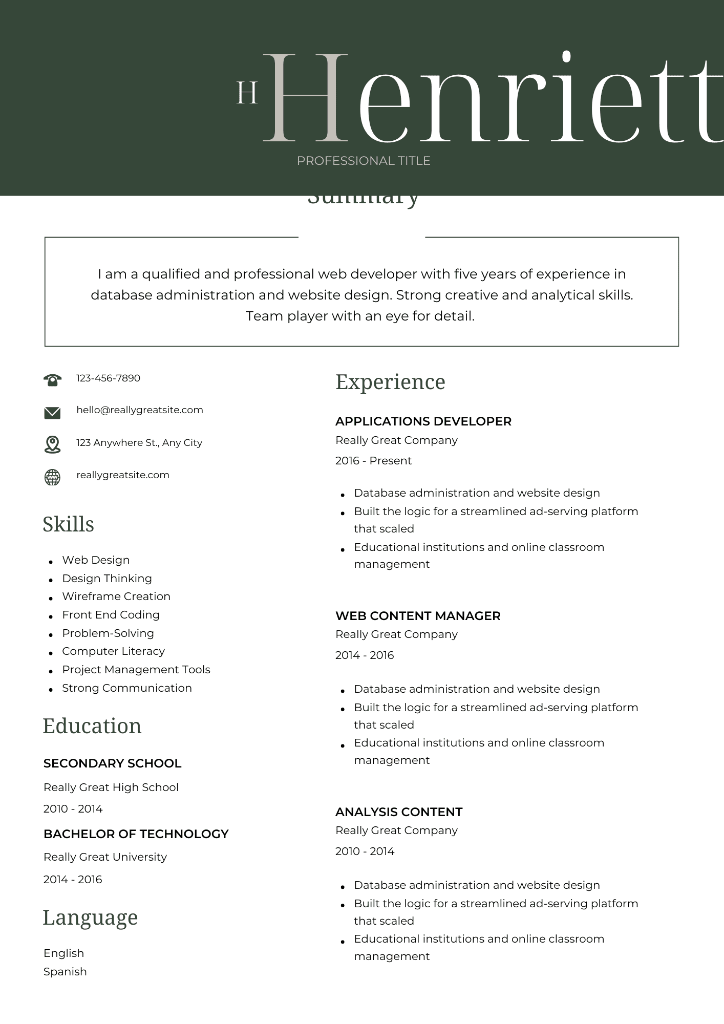 White Green Professional Business CV Resume.pdf White Green Professional CV Template